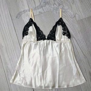 Fredericks of Hollywood Ivory Black Lace Satin Camisole V-Neck Medium